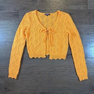 Freshman 1996 Orange Pointelle Cropped Tie Front Cardigan Scalloped Hem Womens M